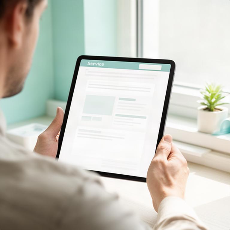 タブレットで金融サービスの利用条件を読む利用者、窓辺の明るい室内
